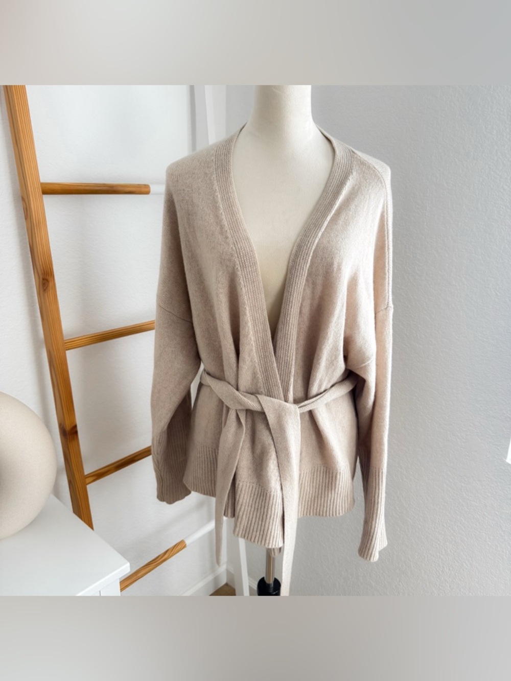 Cuyana Cashmere Wrap Sweater Cardigan in Tan Cream - Picture 3 of 14